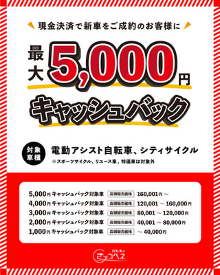 【セール・キャンペーン】新車購入で最大￥5,000-キャッシュバック！